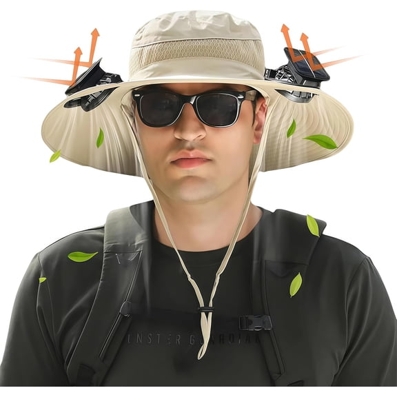 Wide Brim Solar Fan Outdoor Hat, Outdoor Wide Brim Sun Hat with 2 Solar Fan Sun Bucket Hat for Men, UPF50+ Sun Fishing Hat