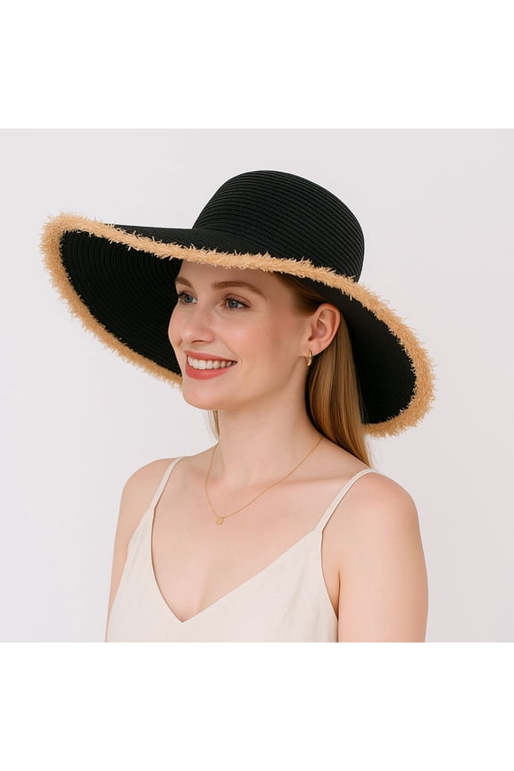 Wide Brim Straw Floppy Hat with Frayed Edges Lightweight Sun Protection for Beach Vacation Outdoor Travel Style - Black