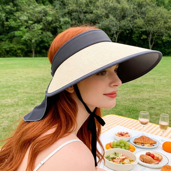 Wide Brim Straw Hat for Women Men with Neck Flap, Breathable Lightweight Outdoor UV Protection Cap for Beach Fishing Summer Travel