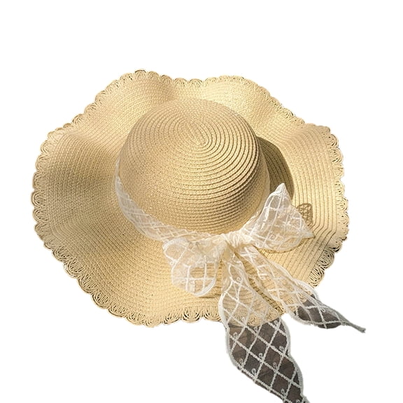 Wide Brim Straw Hat with Decorative Mesh Ribbon Bow Sun Protection Floppy Design for Outdoor Wear Women Summer Cap