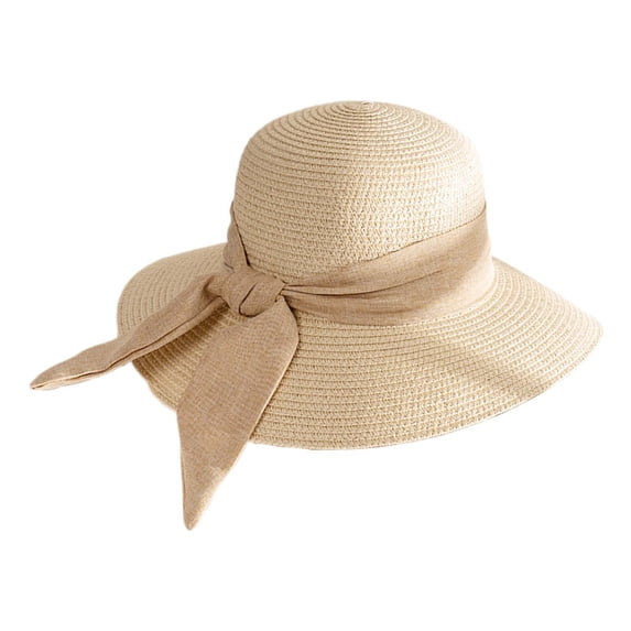 Wide Brim Straw Hat with Fabric Bow Tie, Women's Summer Sun Beach Cap, Lightweight Vacation Fisherman Hat