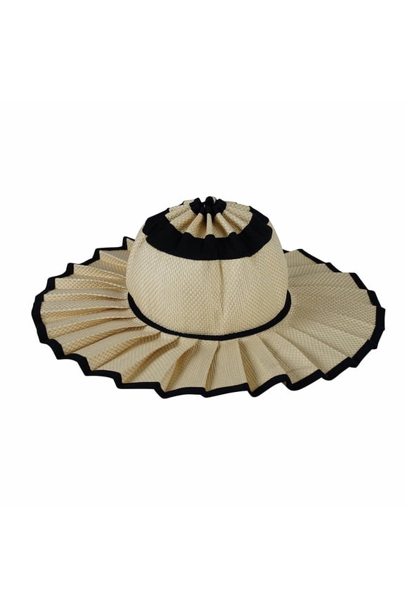 Women's Straw Reversible Pleated Sun Hat, Foldable Wide Brim Foldable Casual Outdoor Beach Sun Hat for Summer, Outdoor Casual Travel Pleated Cap (O)