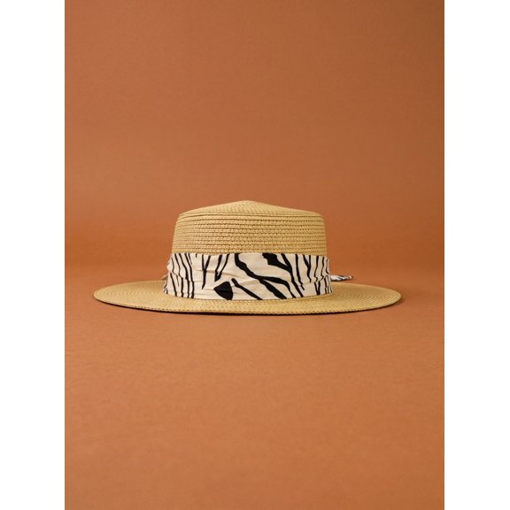 Wide Brim Straw Sun Hat for Women, Boho Beach Fedora with Zebra Print Ribbon, Summer Vacation Hat, Trendy Sun Protection Hat