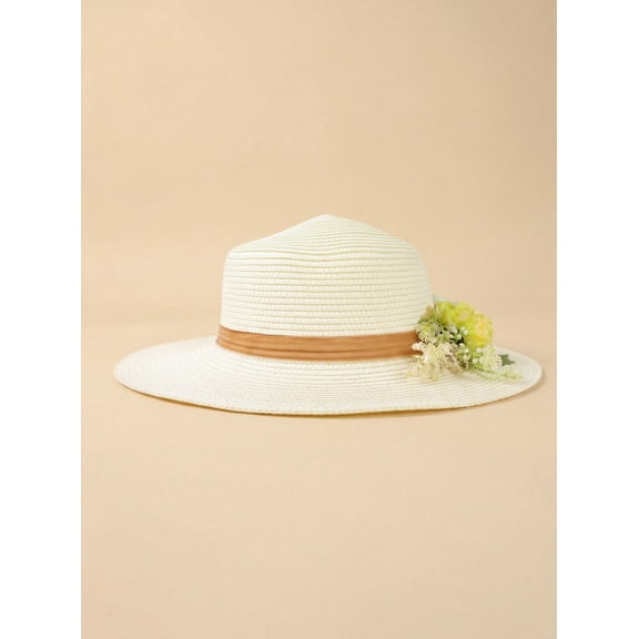 Wide Brim Straw Sun Hat for Women, Boho Floral Beach Hat, Summer Fedora with Velvet Ribbon, Garden Party Hat, Vacation Travel Accessory