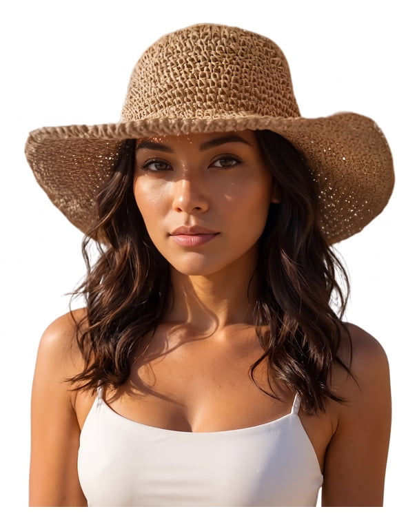 Wide Brim Straw Sun Hat for Women, Foldable Packable Big Beach Hats, UPF 50+ Summer Travel Fedora with Adjustable String (M, Khaki)