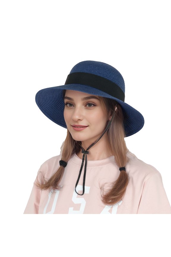 Wide Brim Straw Sun Hat with Black Ribbon Bow Adjustable Chin Strap Inner Sweatband for Outdoor and Travel Use - Navy