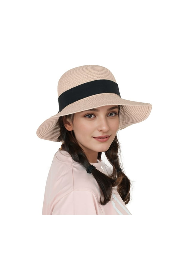 Wide Brim Straw Sun Hat with Black Ribbon Bow Adjustable Chin Strap Inner Sweatband for Outdoor and Travel Use - Pink