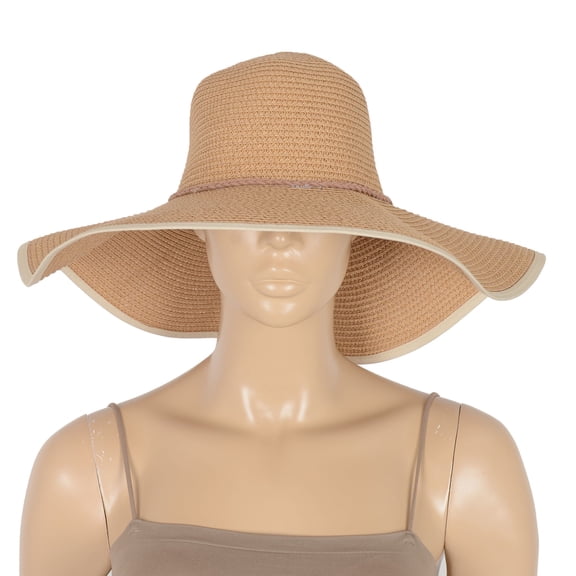 Wide Brim Straw Sun Hat with Braided Cord Detail Lightweight Packable Design for Beach Outdoor Protection - Khaki