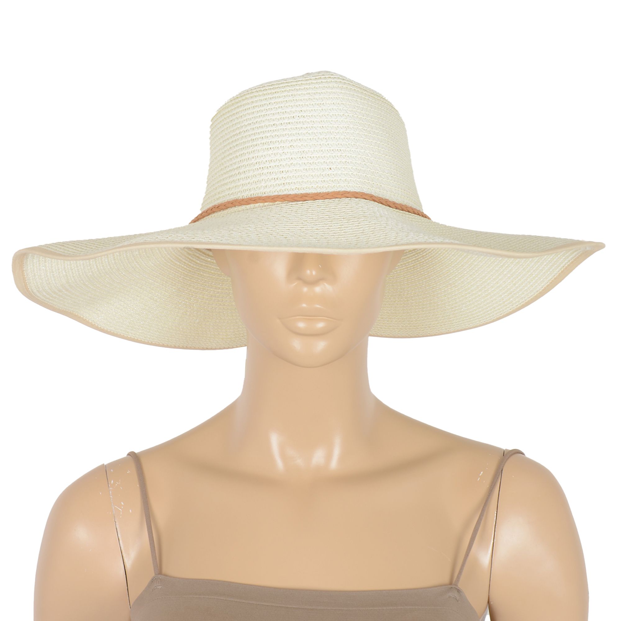 Wide Brim Straw Sun Hat with Braided Cord Detail Lightweight Packable Design for Beach Outdoor Protection - White
