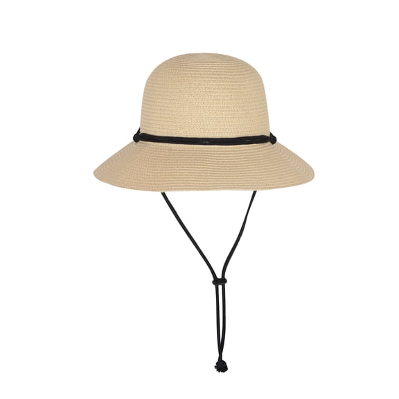 Wide Brim Straw Sun Hat with Chin Strap and Black Cord Detail for Outdoor Protection and Stylish Shade - Beige