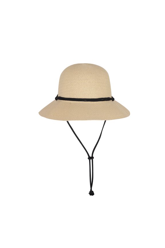 Wide Brim Straw Sun Hat with Chin Strap and Black Cord Detail for Outdoor Protection and Stylish Shade - Beige