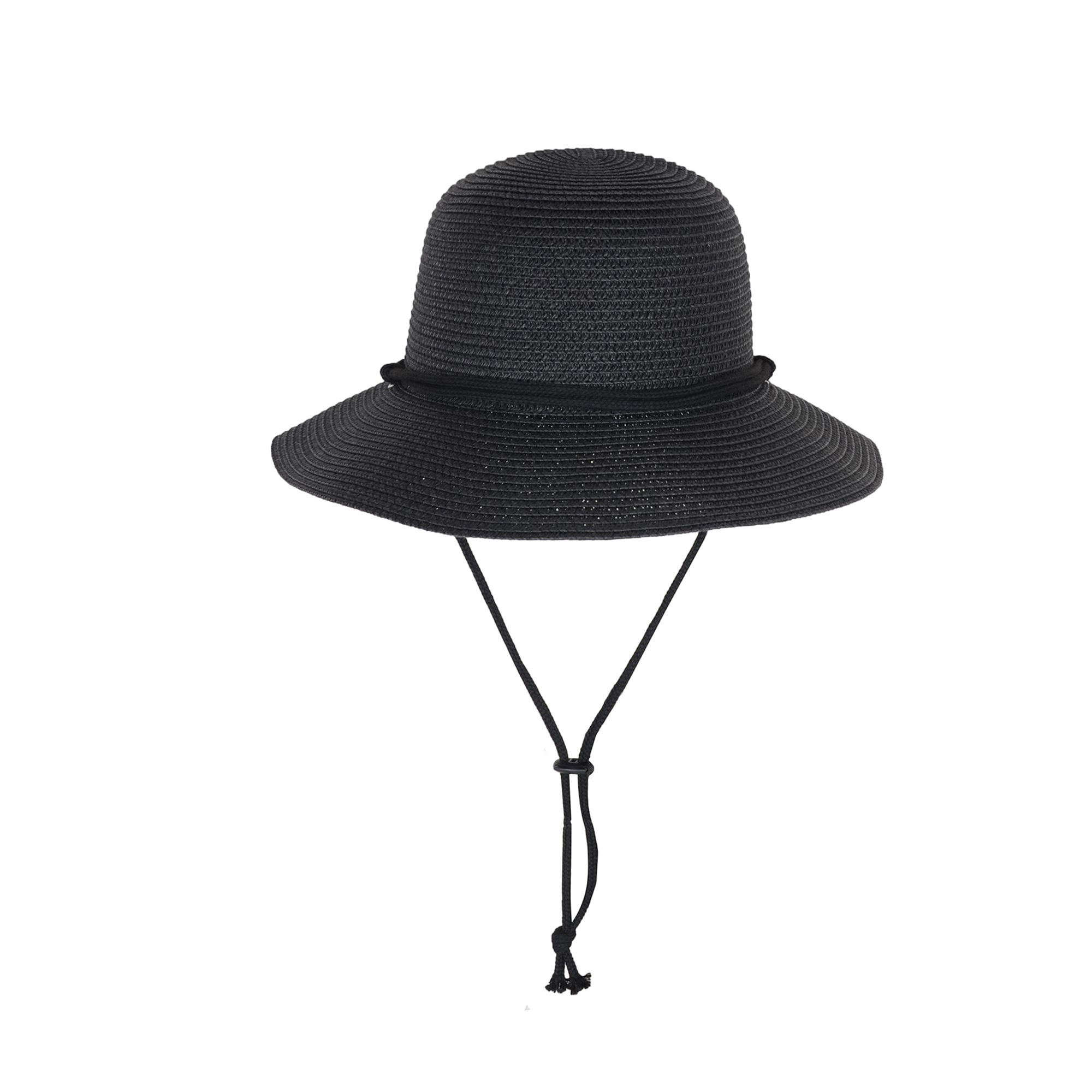 Wide Brim Straw Sun Hat with Chin Strap and Black Cord Detail for Outdoor Protection and Stylish Shade - Black
