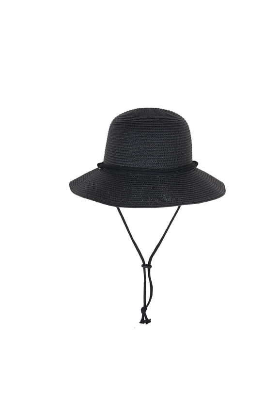 Wide Brim Straw Sun Hat with Chin Strap and Black Cord Detail for Outdoor Protection and Stylish Shade - Black