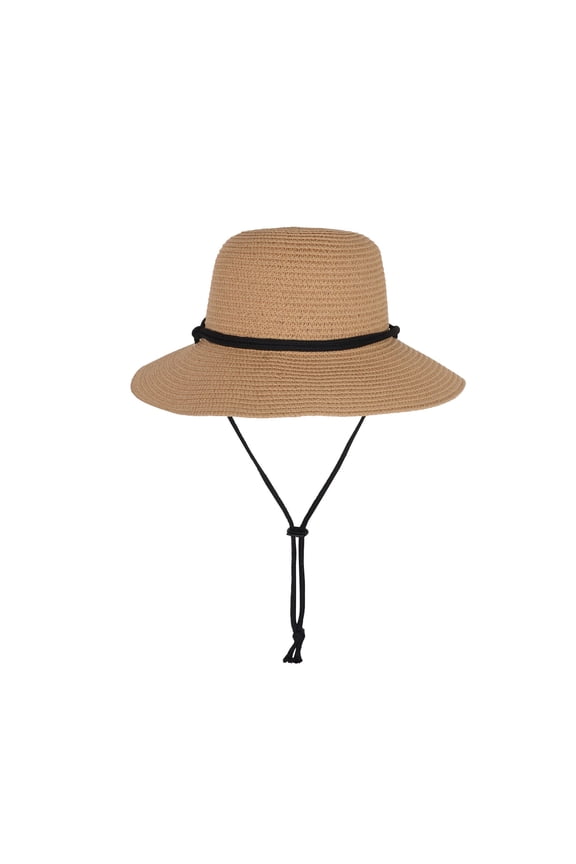 Wide Brim Straw Sun Hat with Chin Strap and Black Cord Detail for Outdoor Protection and Stylish Shade - Khaki