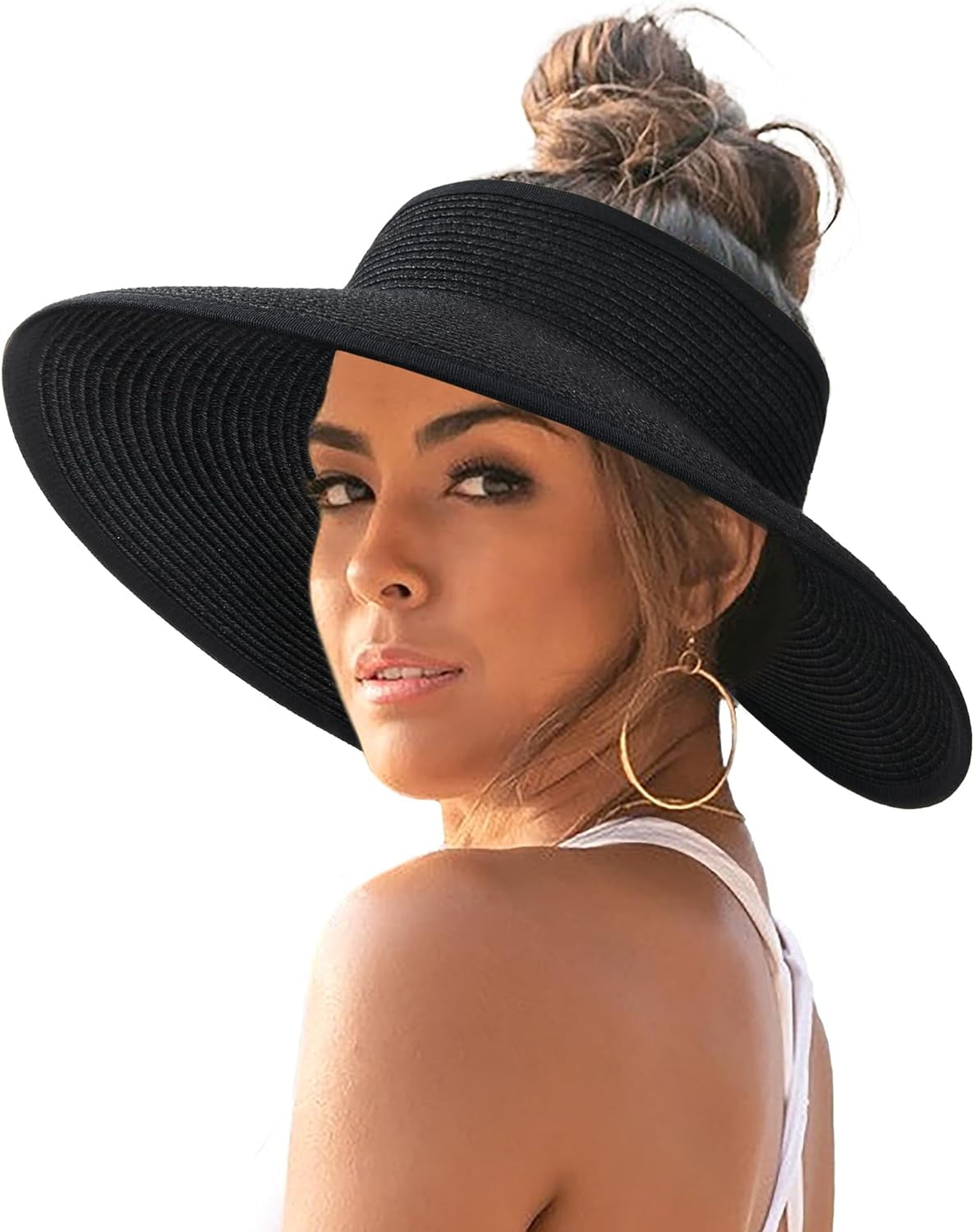 Wide Brim Straw Sun Visor Hats for Women RollUp Ponytail Summer Beach