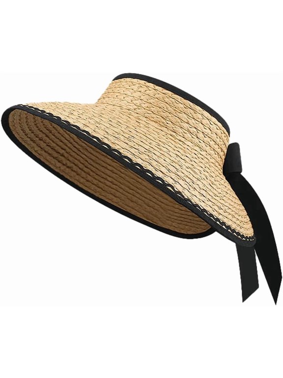 Wide Brim Straw Visor Sun Hat for Women UV Protection Bow Tie Hat Foldable Beach Hat