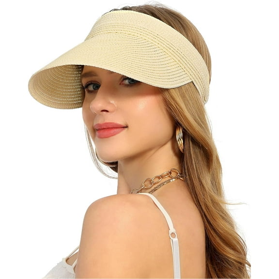 Wide Brim Straw Visor for Women Sun Hat UV Protection Packable Beach Cap for Summer UPF 50+