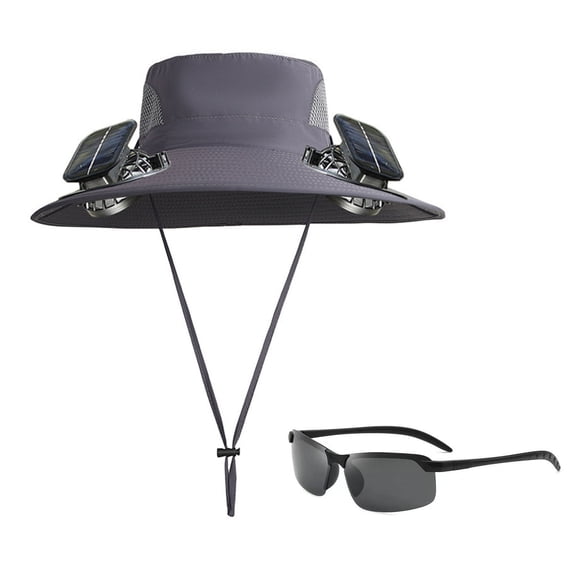Wide Brim Sun Hat with Dual Solar Fans & Polarized Sunglasses Set, Solar Powered USB Rechargeable Cooling Bucket Hat, UV Protection Breathable for Fishing Hiking Gardening Beach