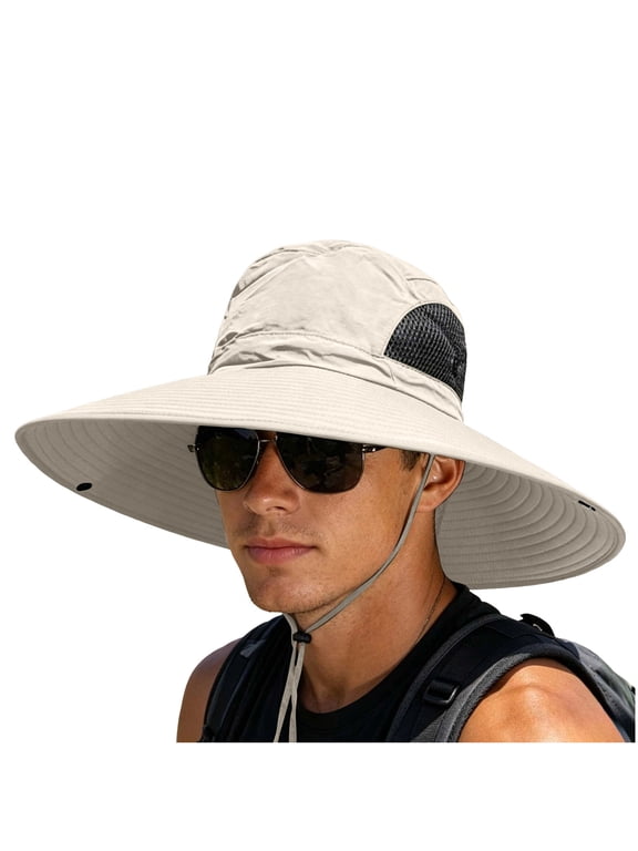 Wide Brim Sun Hat for Men & Women, UPF 50+ UV Protection, Breathable Mesh Windproof Chin Strap Foldable Outdoor Hat, Fishing Hiking Hat for Camping Mountain Travel Khaki Free Size