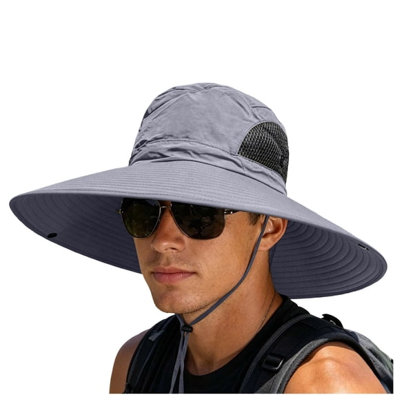 Wide Brim Sun Hat for Men & Women, UPF 50+ UV Protection, Breathable Mesh Windproof Chin Strap Foldable Outdoor Hat, Fishing Hiking Hat for Camping Mountain Travel Dark Gray Free Size