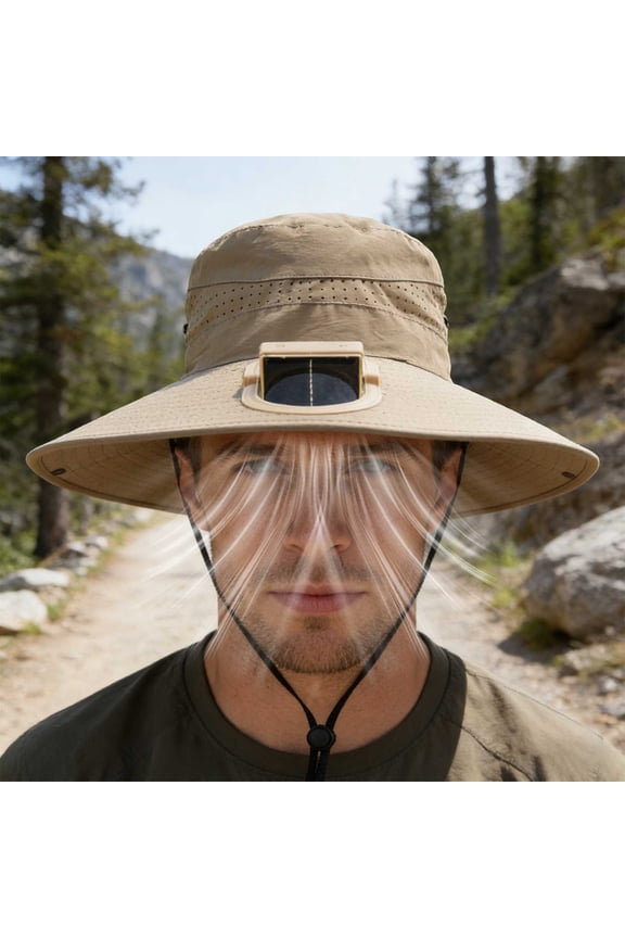 Wide Brim Sun Hat with Solar Fan,USB Solar Powered Sun Bucket Hat for Men Women, Solar USB charging dual-purpose fan hat Bucket Fishing & Beach Hat with Fan.Khaki