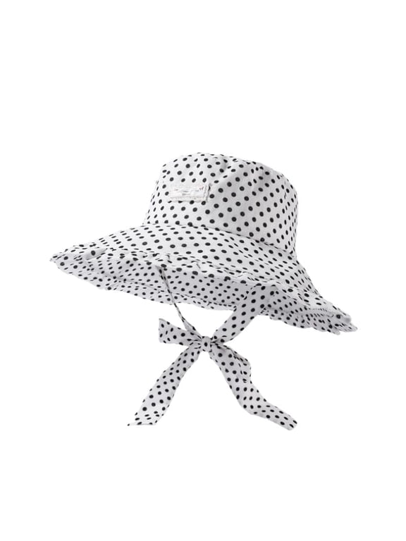 Wide Brim Sun Hat for Women, Foldable Polka Dot Bucket Hat with Bow Knot Tie, UV Protection Beach Fisherman Cap for Summer.