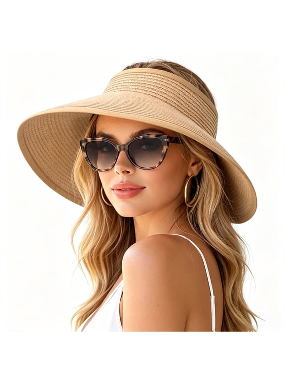 Wide Brim Sun Hat for Women - Packable Roll-Up Straw Visor, Ponytail Friendly Beach Hat, Foldable Travel Essential for Summer Sun