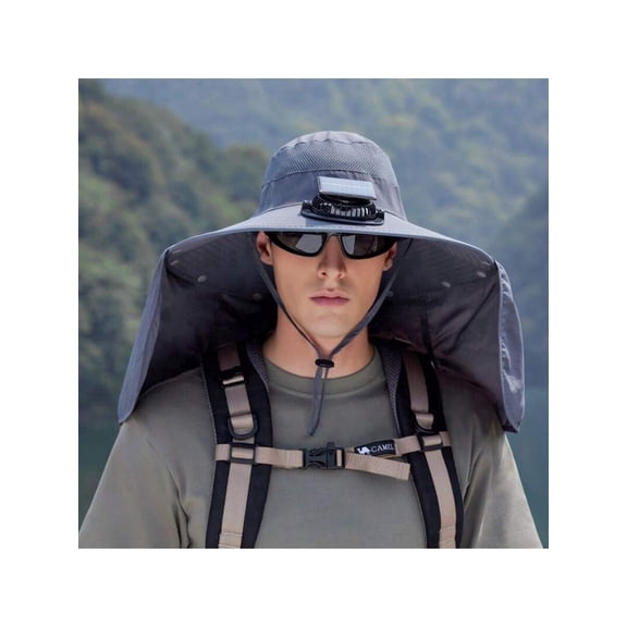 Wide Brim Sun Hat w 1 Fan Outdoor Solar Powered USB Charging Hat with Neck Flap