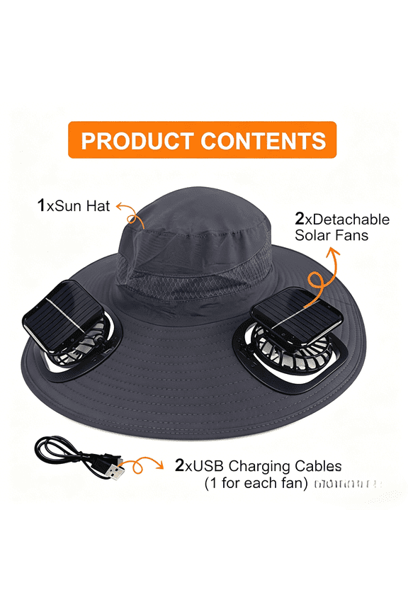Wide Brim Sun Hat with 2 Solar Fans, Solar & USB Rechargeable, Men and Women Sun Fan Hat with 7 Blades and 3 Speeds for Hiking, Camping and Fishing