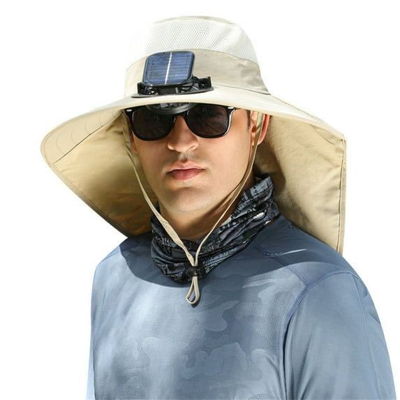 Wide Brim Sun Hat with Fan Outdoor Solar Powered USB Charging Fishing Hat with Neck Flap for Men Women