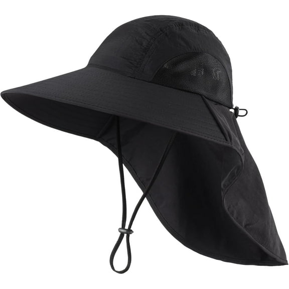 Wide Brim Sun Hat with Neck Flap for Men Women Summer Outdoor UV Protection Breathable Fishing Hats with Strap
