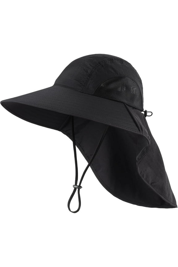 Wide Brim Sun Hat with Neck Flap for Men Women Summer Outdoor UV Protection Breathable Fishing Hats with Strap