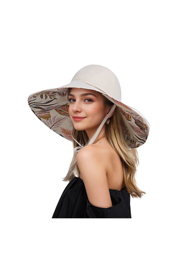 Wide Brim Sun Hat with Ponytail Hole Neck Tie Closure and Patterned Lining for UV Protection and Outdoor Style - Beige