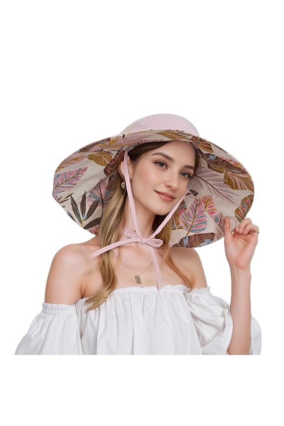 Wide Brim Sun Hat with Ponytail Hole Neck Tie Closure and Patterned Lining for UV Protection and Outdoor Style - Pink