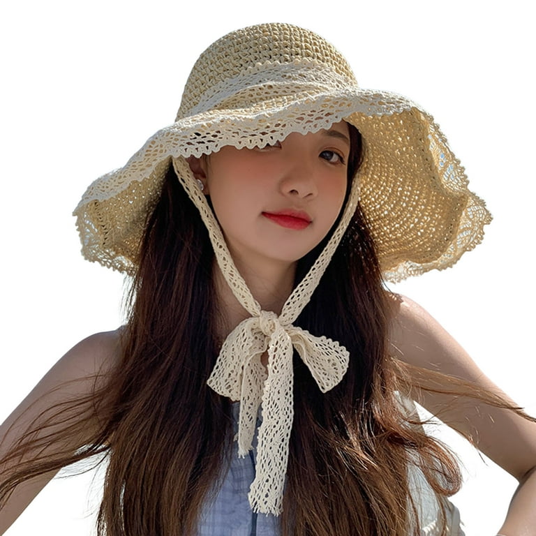 Wide Brim Sun Hats for Women - Floppy Straw Hat with Lace Trim Tied Up