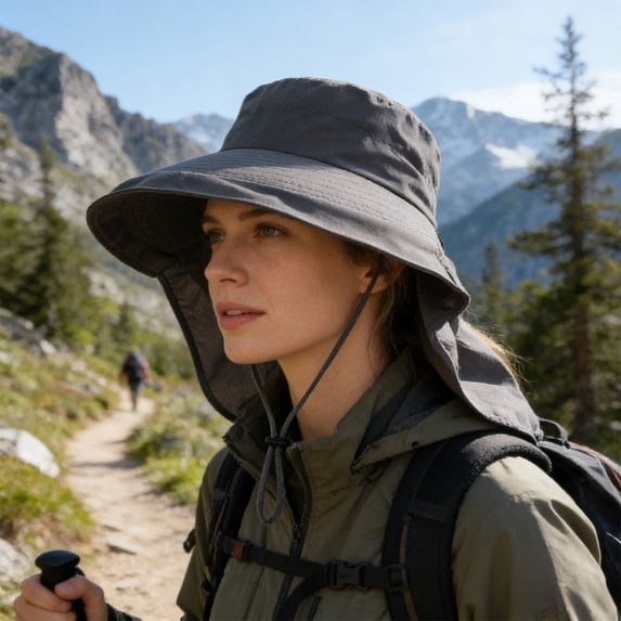 Wide Brim Sun Protection Hat - Windproof & Breathable Fisherman Hat with Detachable Neck Flap, Foldable UPF 50+ Beach Hat for Travel, Hiking, Dark Gray
