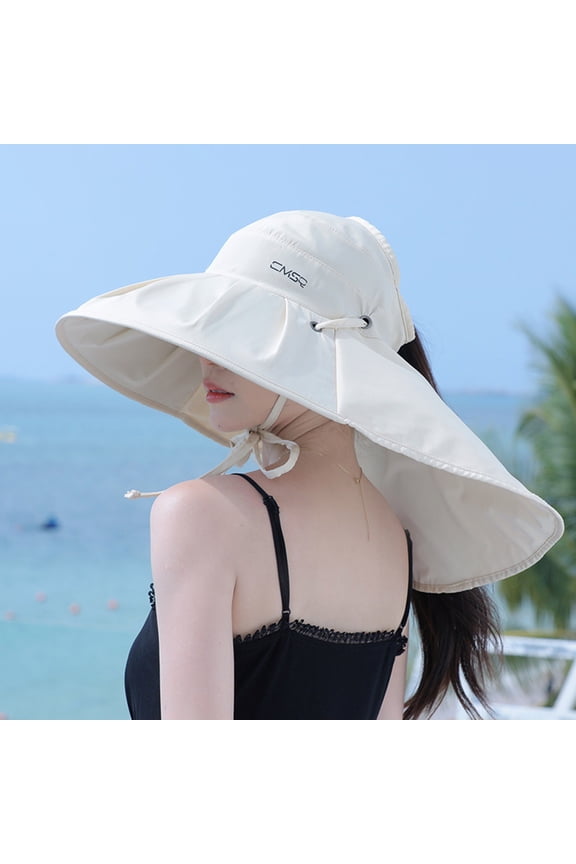 Wide Brim Sun Visor Hat for Ladies Travel Outdoor Spring Summer Small Face Effect with Chin Strap Bow, Beige