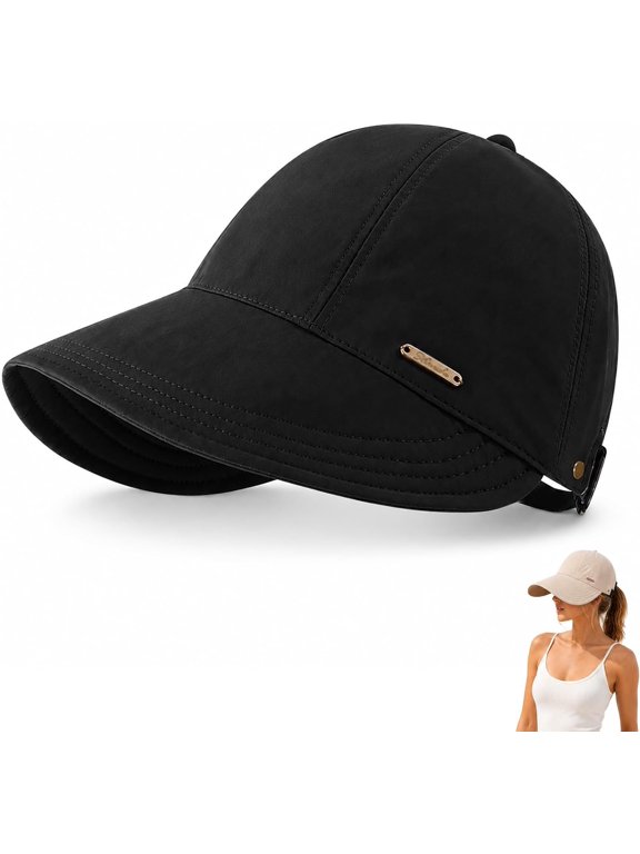 Wide Brim Sun Visors for Women, Wide Brim Sun Hat,Packable Roll-Up Ponytail Baseball Cap with Adjustable Back Strap, Lightweight Breathable Travel Sun Cap for Beach Fishing