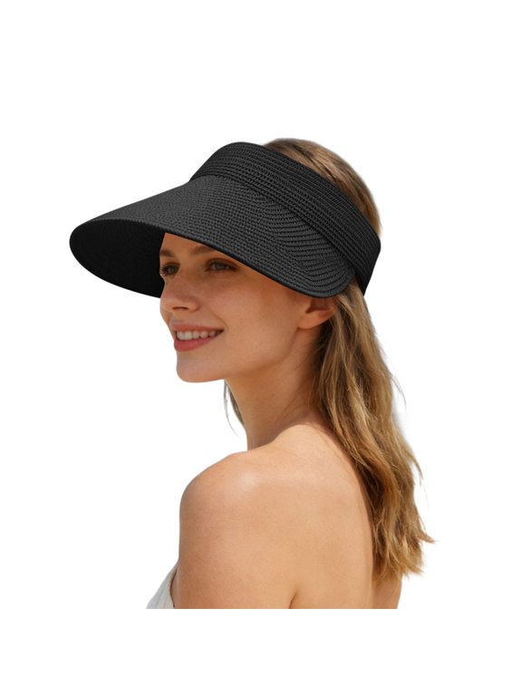 Wide Brim UPF Sun Visor Hat Breathable Woven Open Top Boho Beach Hat Packable Lightweight Sun Shade Cap for Summer Outdoor Travel Daily Vacation(Black)