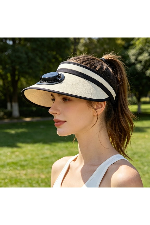 Wide Brim UV Protection Open Top Sun Hat With Built-In USB Rechargeable Solar Cooling Fan,3-Speed Adjustable Outdoor Visor Cap for Fishing Camping Hiking(Beige)