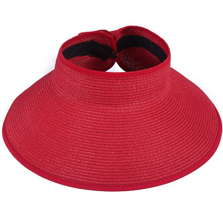 Wide Brim UV Protection Sun Hats for Women Straw Roll Up Beach Visor Hat  UPF 50+-Red-Red 