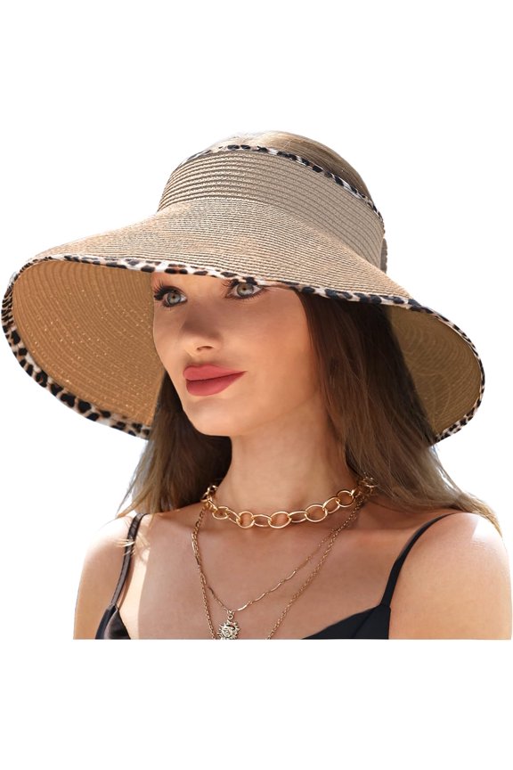 Wide Brim UV Protection Sun Hats for Women with Leopard Trim Straw Roll Up Beach Visor Hat UPF 50+