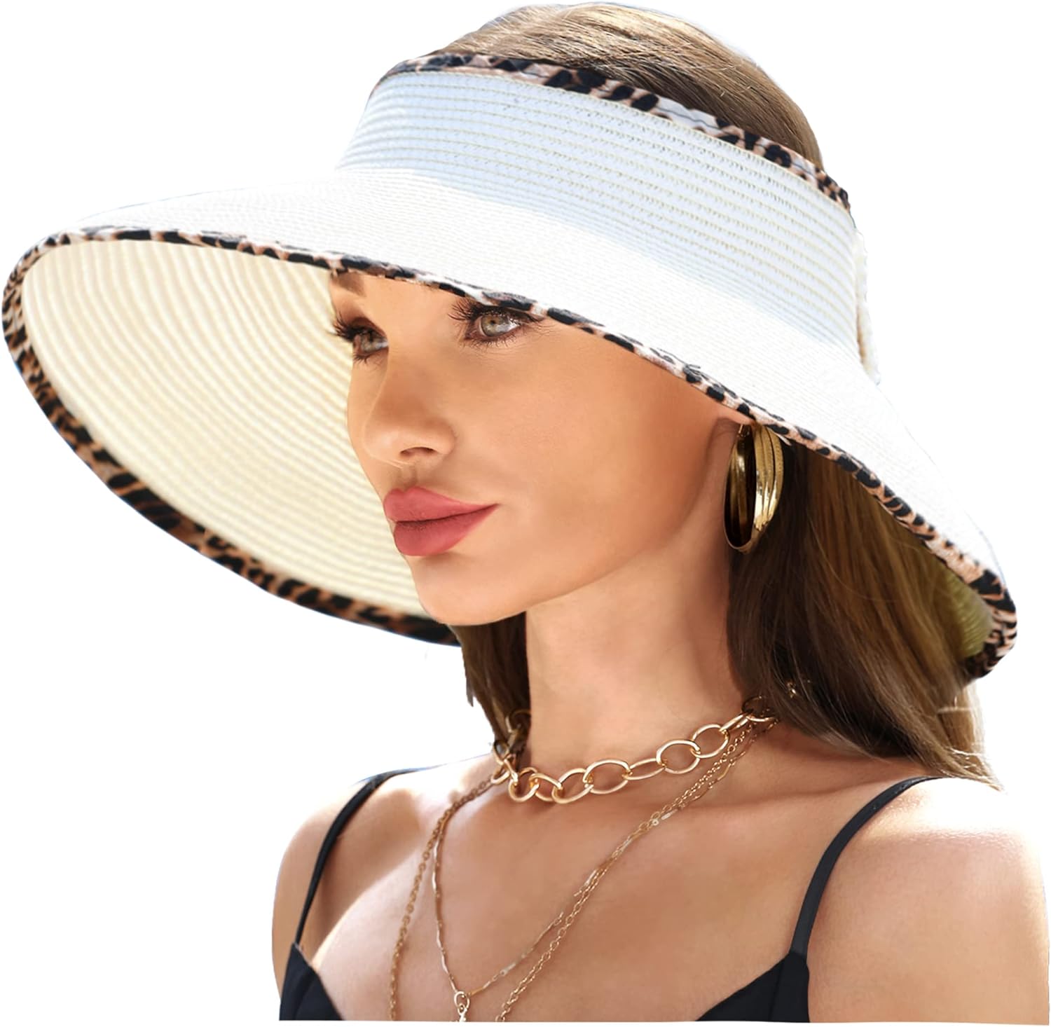 Wide Brim UV Protection Sun Hats for Women with Leopard Trim  display picture 3