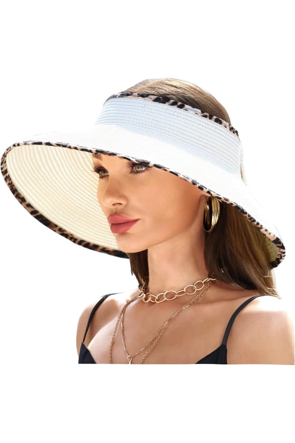 Wide Brim UV Protection Sun Hats for Women with Leopard Trim Straw Roll Up Beach Visor Hat UPF 50+