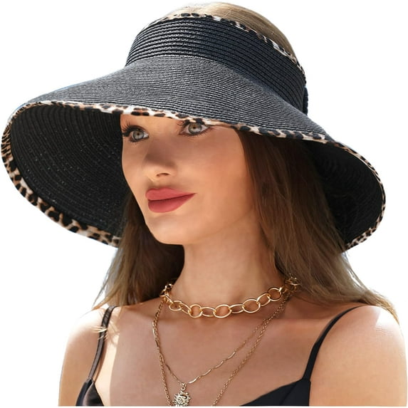 Wide Brim UV Protection Sun Hats for Women with Leopard Trim Straw Roll Up Beach Visor Hat UPF 50+