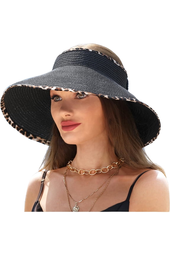 Wide Brim UV Protection Sun Hats for Women with Leopard Trim Straw Roll Up Beach Visor Hat UPF 50+