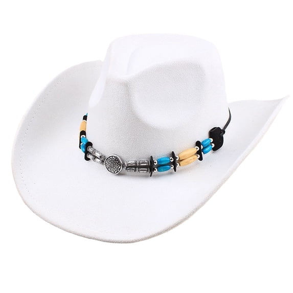 Wide Brim Western Cowboy Hat for Adults Structured Pinch Front Crown Felt Style Hat with Beaded Hat Band for Costume