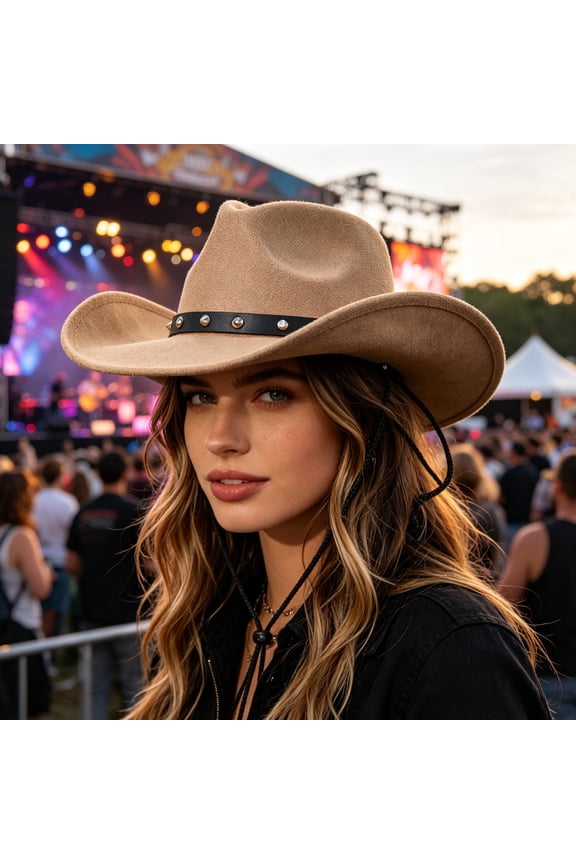 Wide Brim Windproof Western Cowboy Hat,Soft Deformation Resistant Sun Shade Cap,Adjustable Anti Drop Stylish Headwear for Outdoor Travel Camping Music Festival Daily UV Protection Fashion Matching