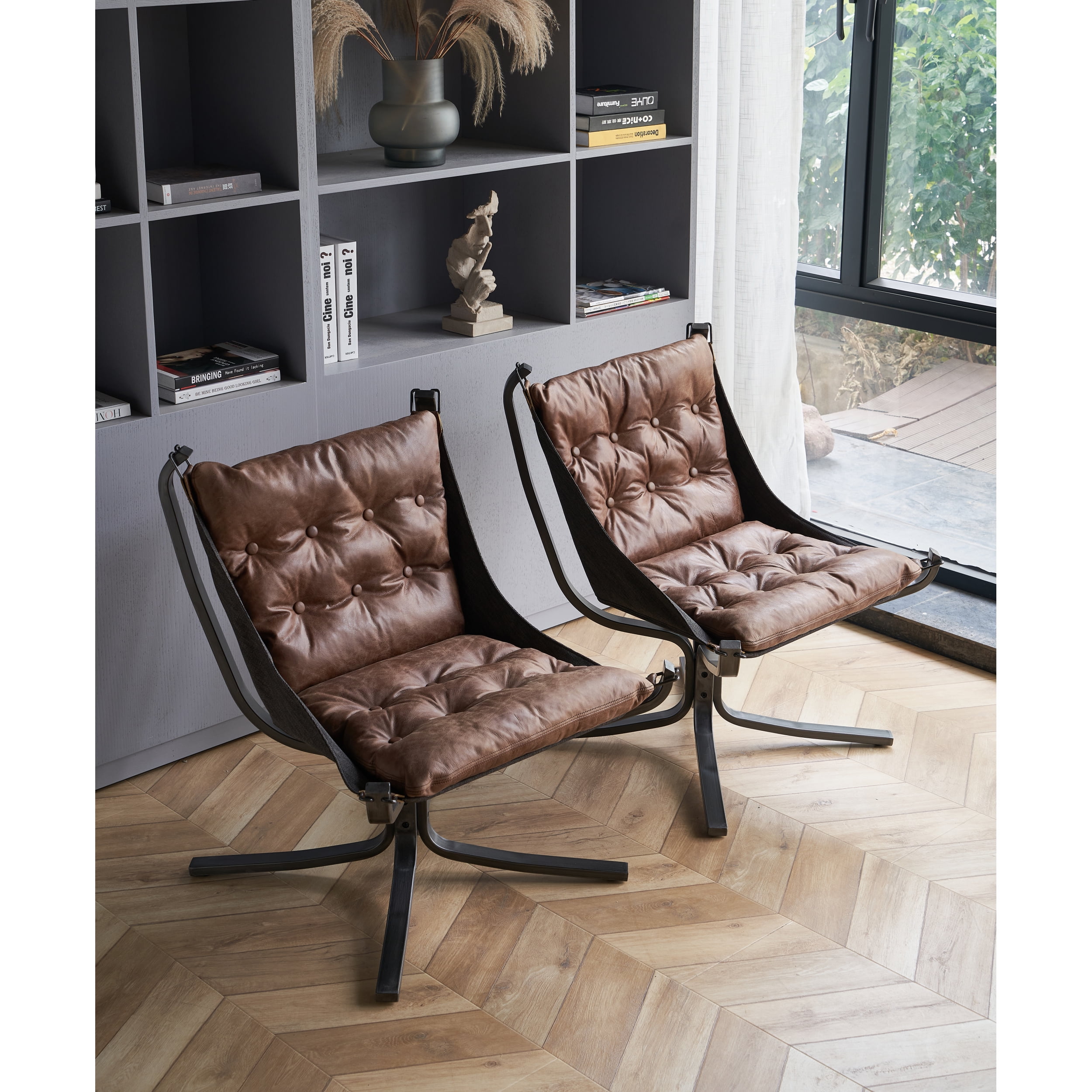 Wide Brown Genuine Leather Butterfly Chair