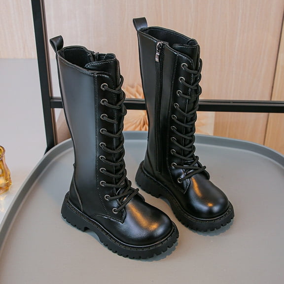 Wide Calf Boots,Girls Activity Shoes Autumn Fashion for Children Flat PU Comfortable Boots for Play,Leather Thigh High Boots,06 Black,9-10 Years